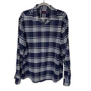 UNTUCKit Mens XL Navy Blue White Plaid Long Sleeve Button Down Shirt Polyester